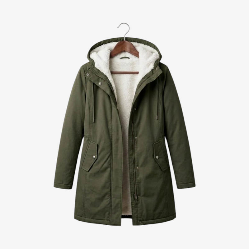 Qelvaris – Mid-Thigh Parka with Fixed Hood and Structured Waist