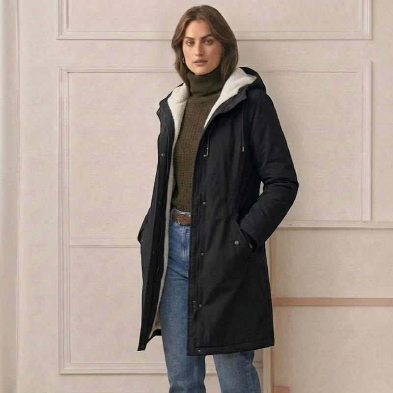 Qelvaris – Mid-Thigh Parka with Fixed Hood and Structured Waist