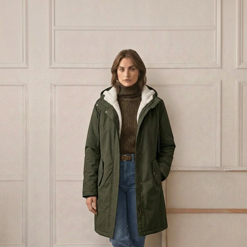 Qelvaris – Mid-Thigh Parka with Fixed Hood and Structured Waist