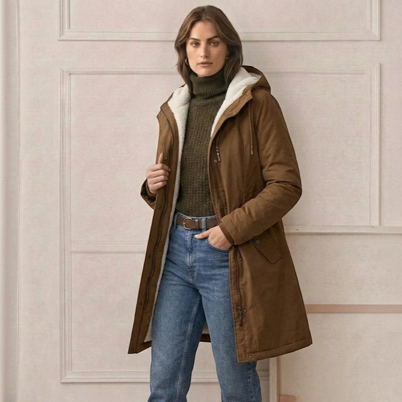 Qelvaris – Mid-Thigh Parka with Fixed Hood and Structured Waist