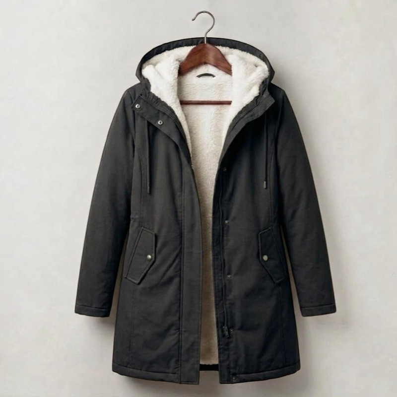 Qelvaris – Mid-Thigh Parka with Fixed Hood and Structured Waist