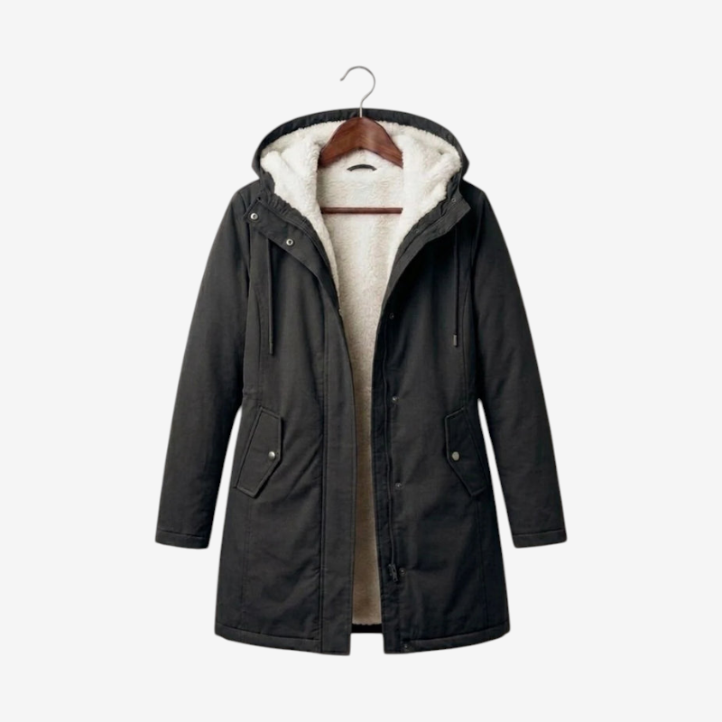 Qelvaris – Mid-Thigh Parka with Fixed Hood and Structured Waist