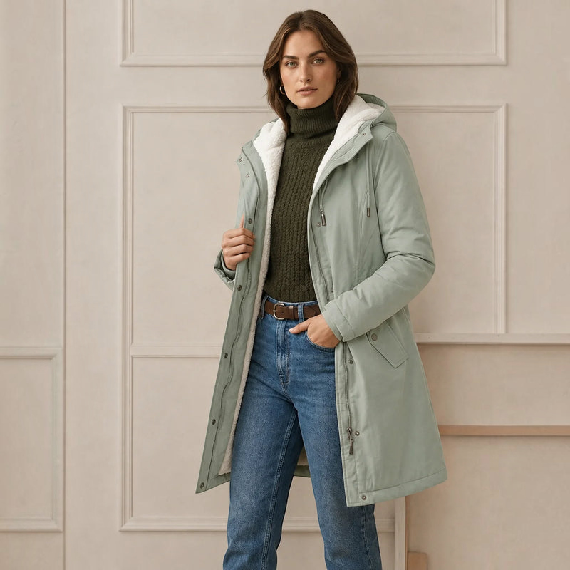 Qelvaris – Mid-Thigh Parka with Fixed Hood and Structured Waist