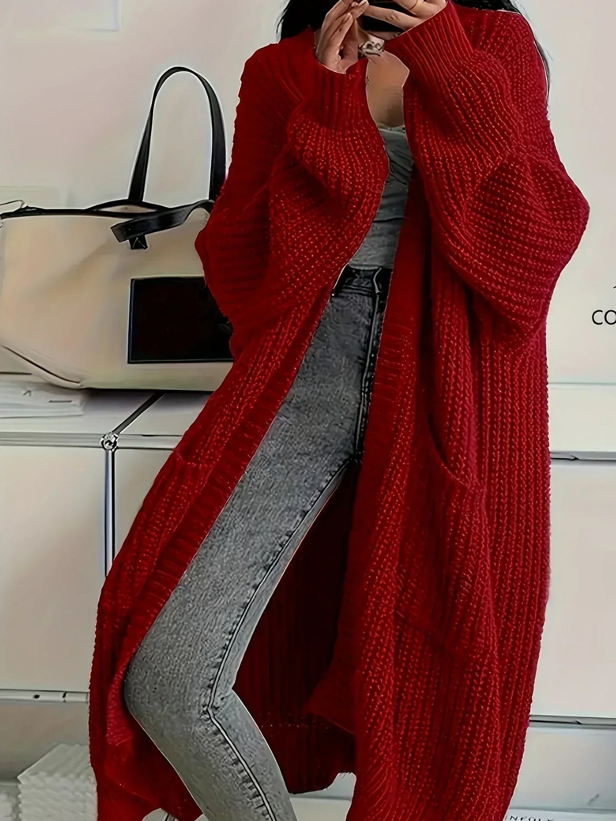Threadly - Women's Long Cable Knit Cardigan with Round Neck