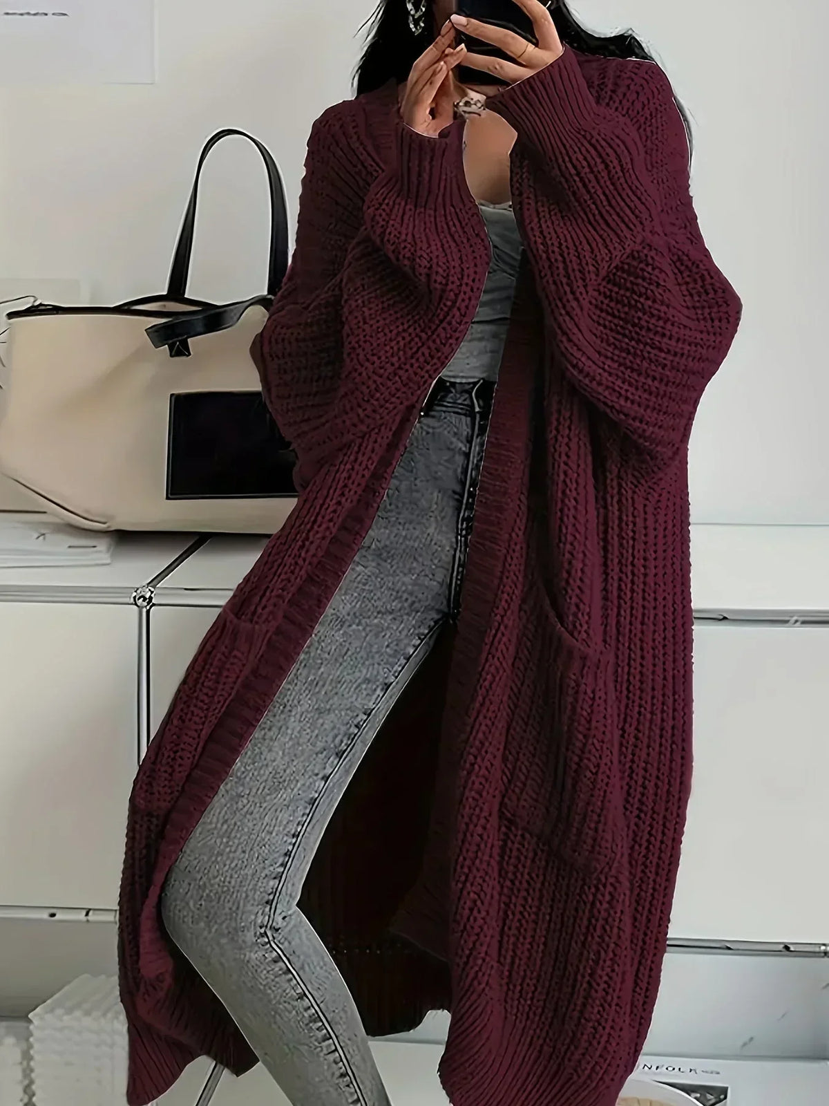 Threadly - Women's Long Cable Knit Cardigan with Round Neck
