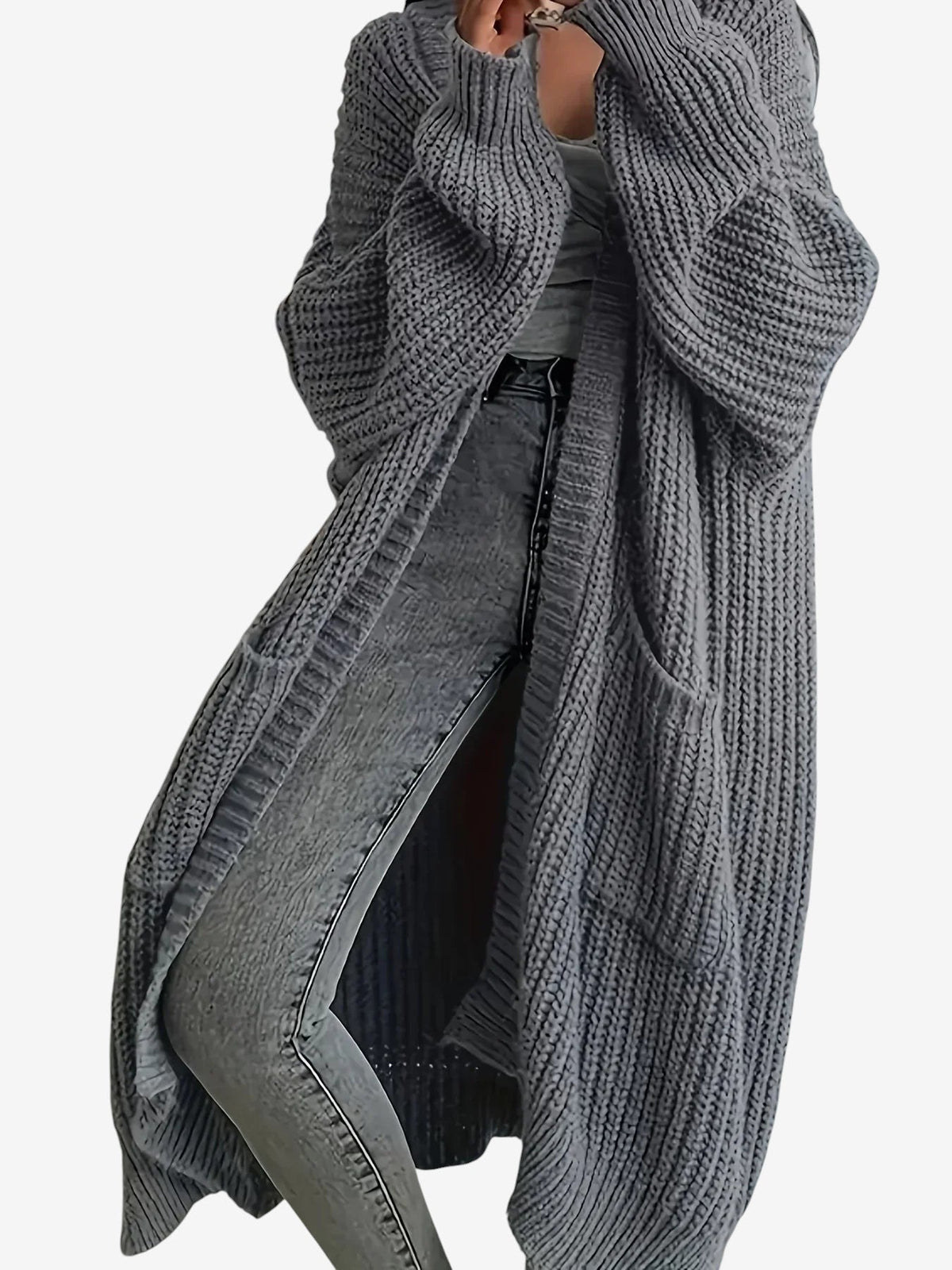 Threadly - Women's Long Cable Knit Cardigan with Round Neck