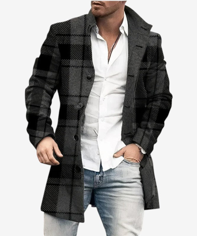 Velqorin – Long Coat with Stand Collar and Front Button Closure