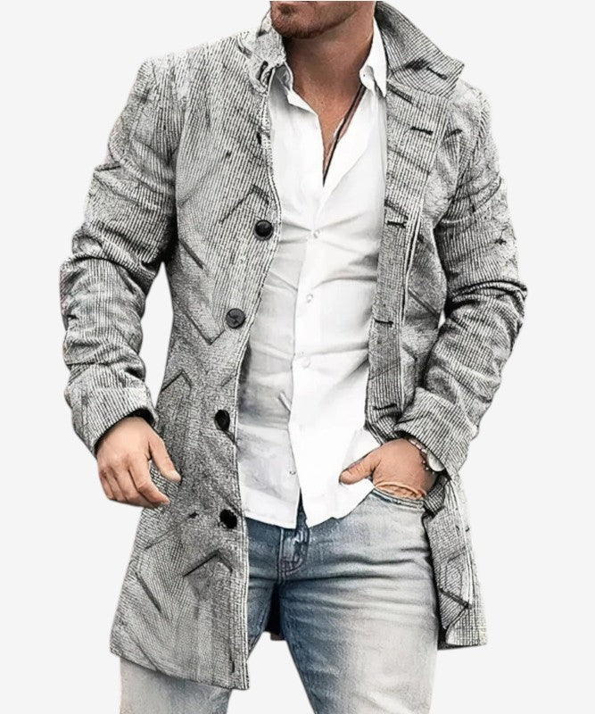 Velqorin – Long Coat with Stand Collar and Front Button Closure