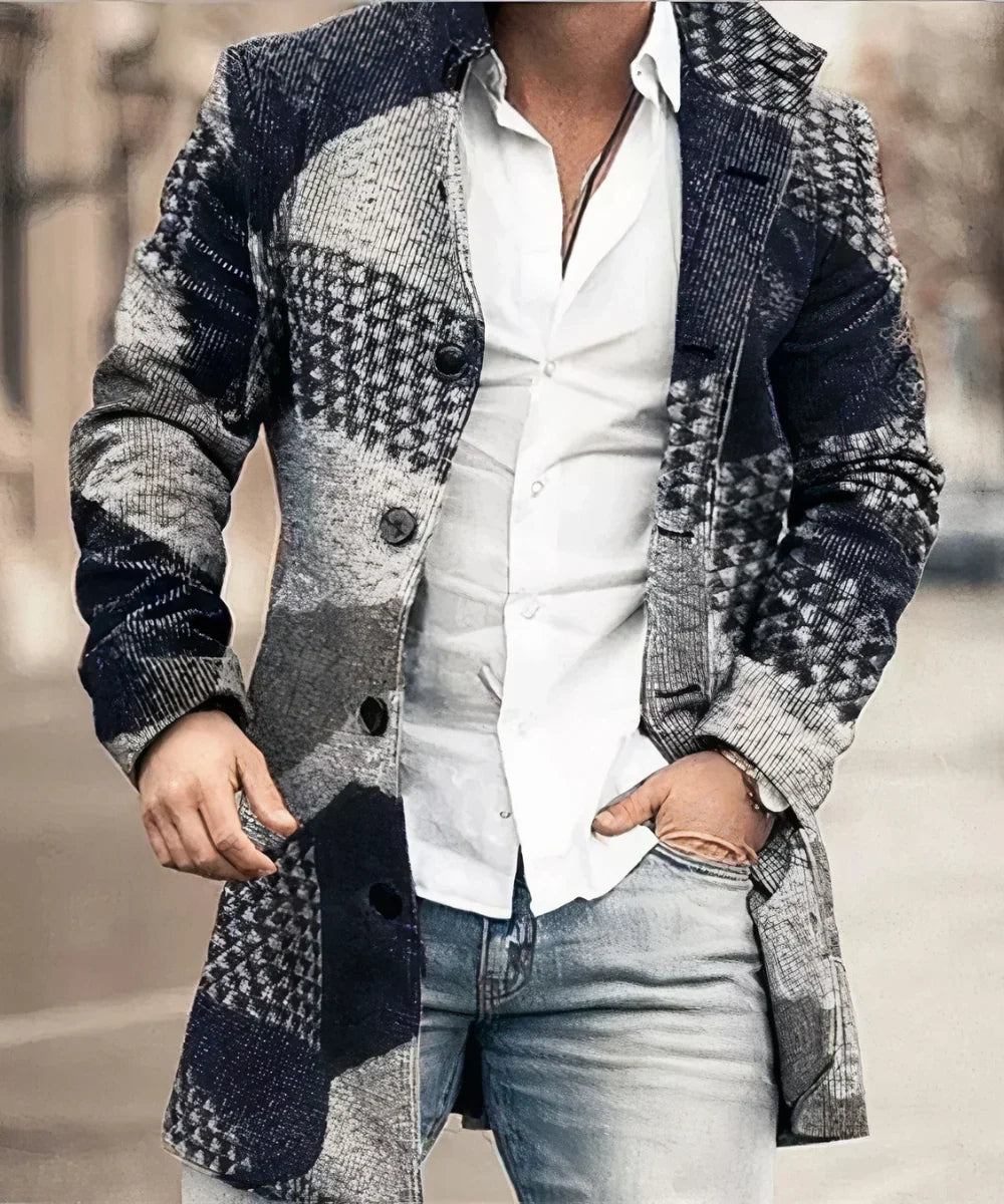 Velqorin – Long Coat with Stand Collar and Front Button Closure