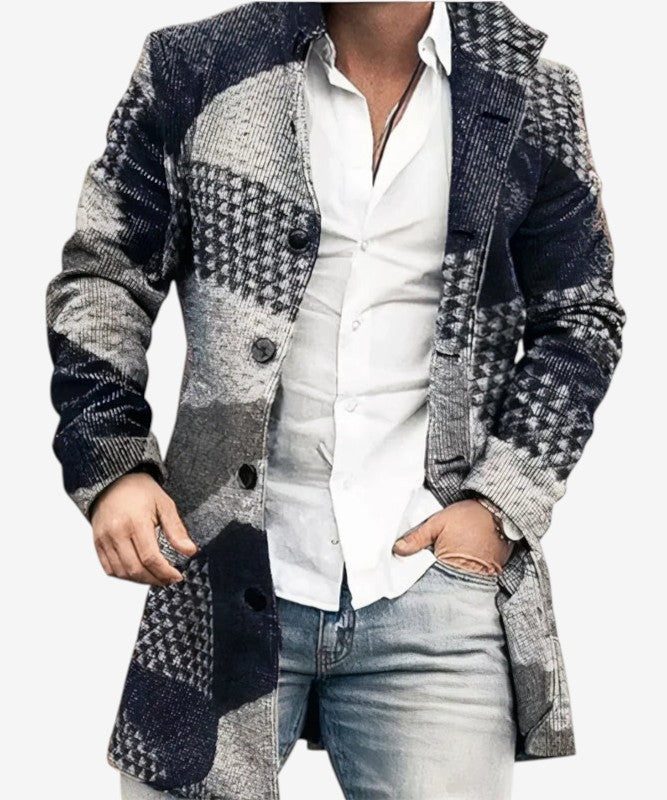 Velqorin – Long Coat with Stand Collar and Front Button Closure