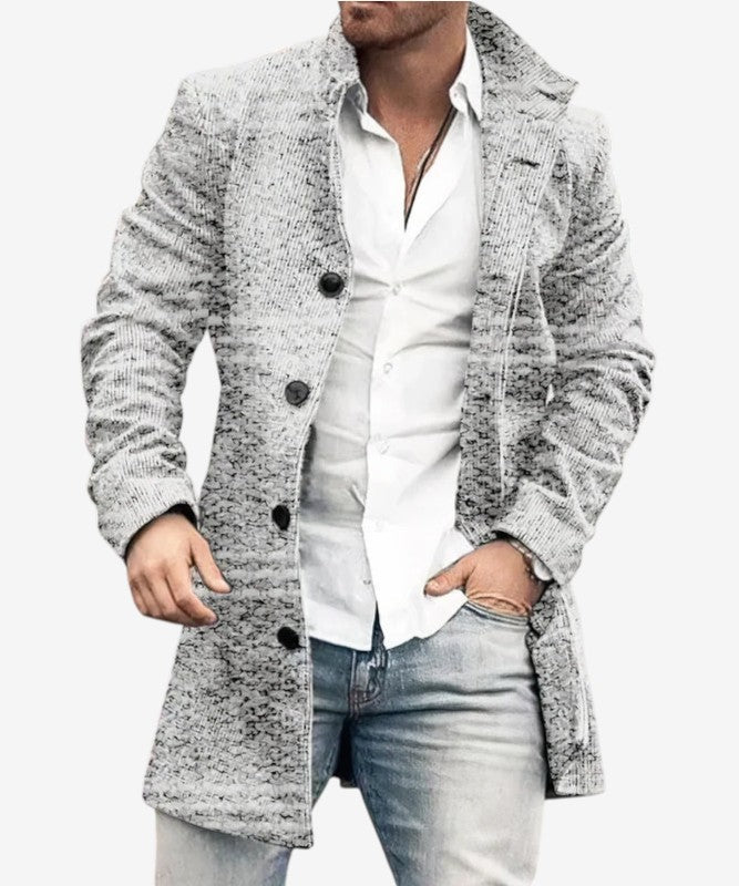 Velqorin – Long Coat with Stand Collar and Front Button Closure