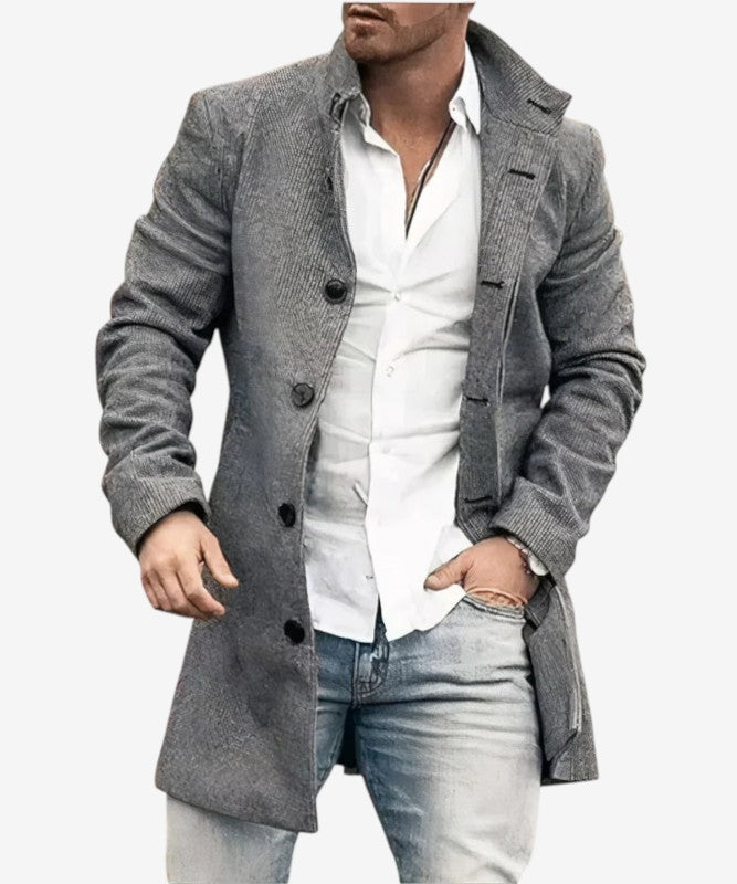 Velqorin – Long Coat with Stand Collar and Front Button Closure