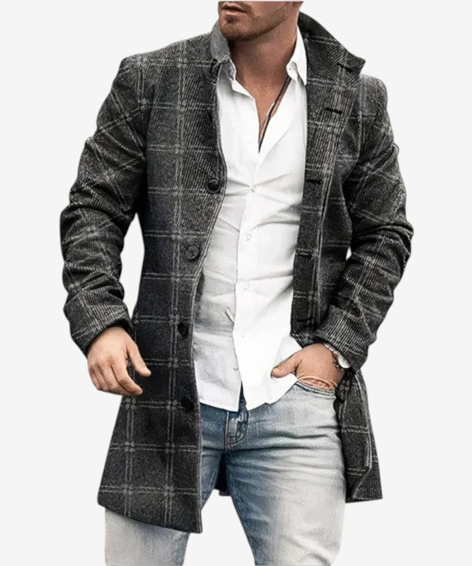 Velqorin – Long Coat with Stand Collar and Front Button Closure