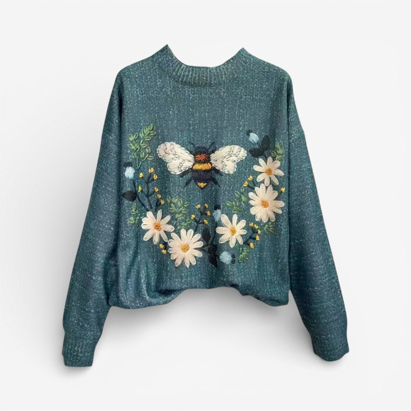 Liva - Pulover cu mâneci lungi, gât rotund și broderie florală
