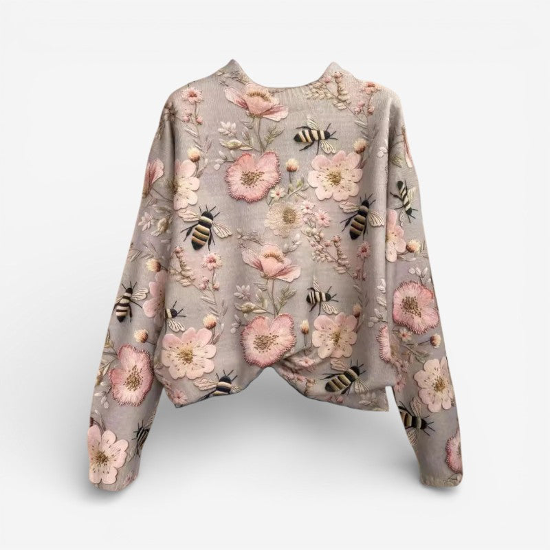 Liva - Pulover cu mâneci lungi, gât rotund și broderie florală