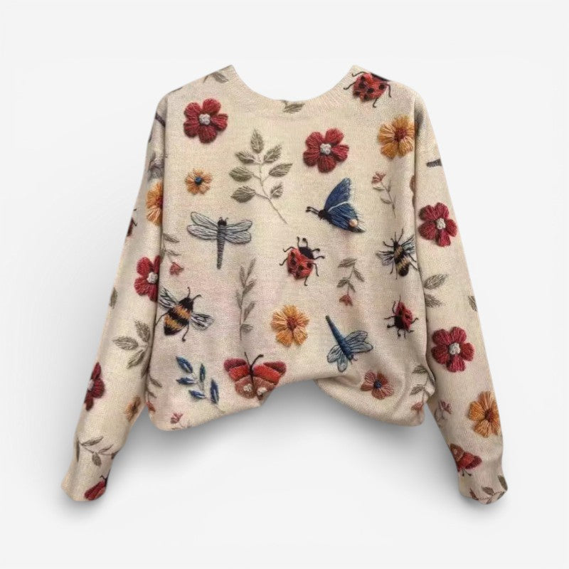 Liva - Pulover cu mâneci lungi, gât rotund și broderie florală