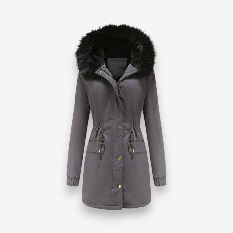Naomi – Long Sleeve Fur Hooded Coat with Buttons