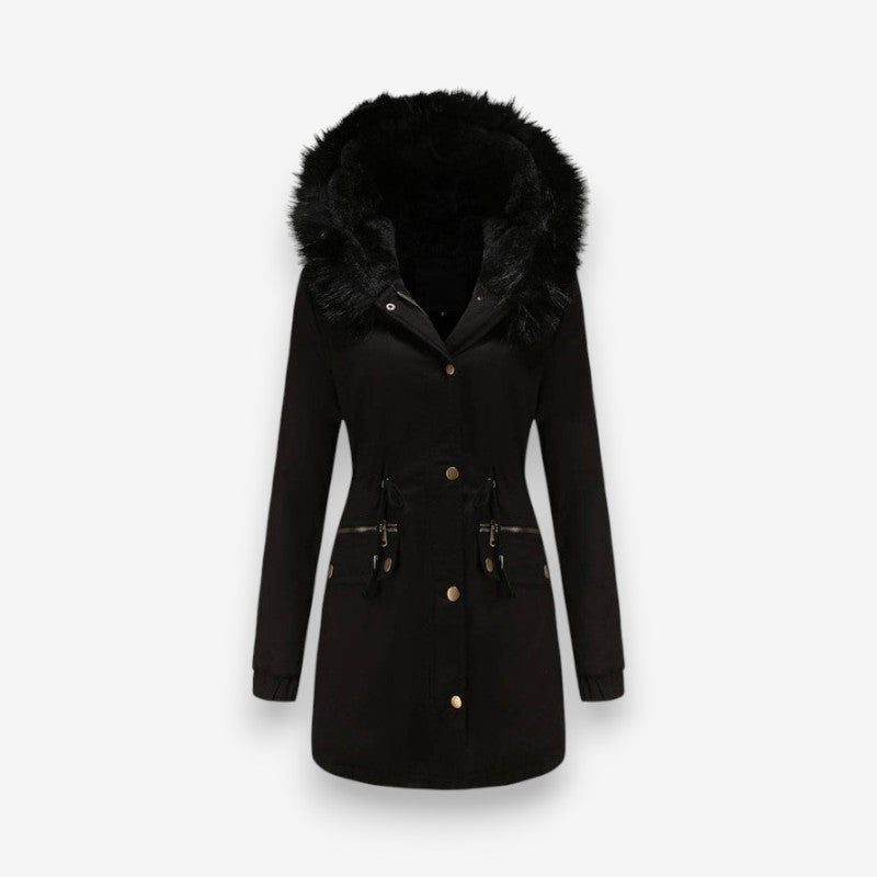 Naomi – Long Sleeve Fur Hooded Coat with Buttons