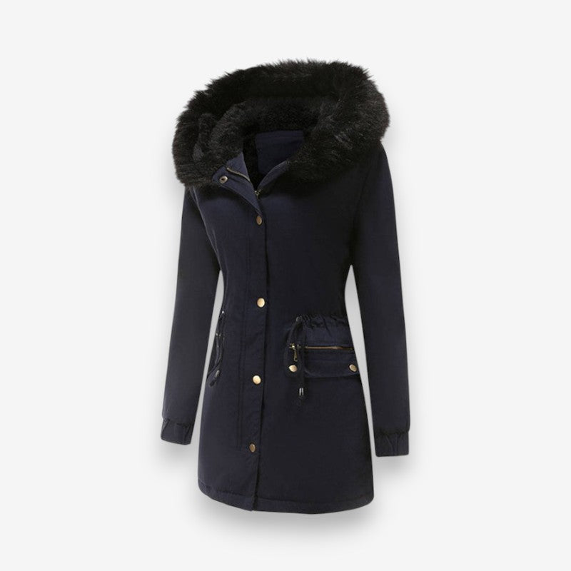 Naomi – Long Sleeve Fur Hooded Coat with Buttons