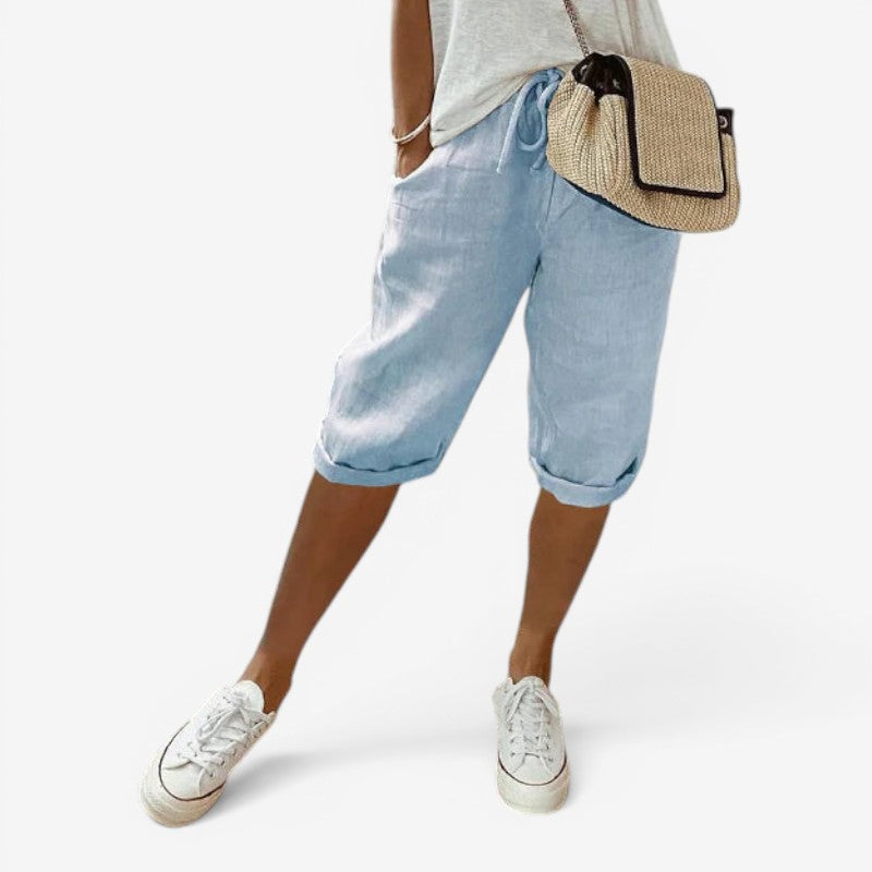Pantaloni Capri pentru femei cu talie cu șnur ajustabil