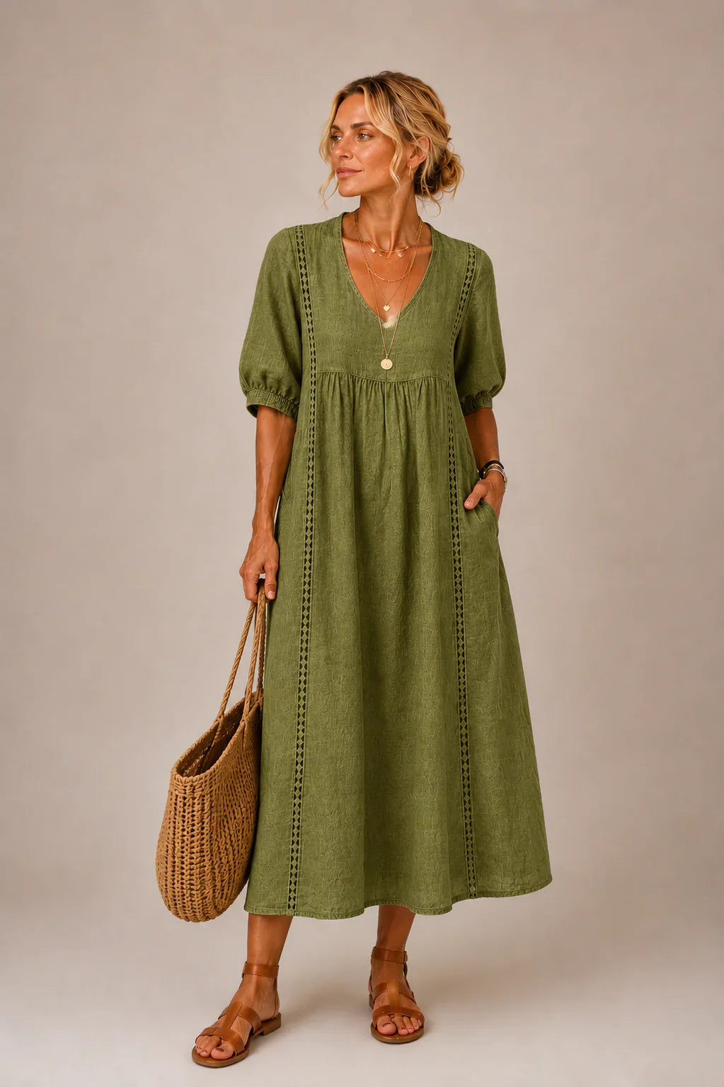 Elegant Women's Linen Blend Dress with Lace Details