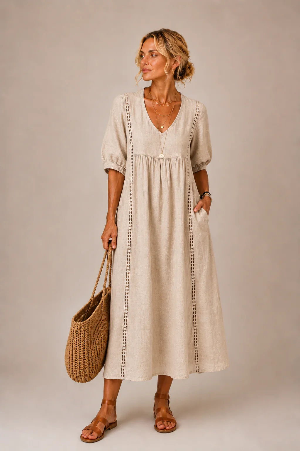 Elegant Women's Linen Blend Dress with Lace Details