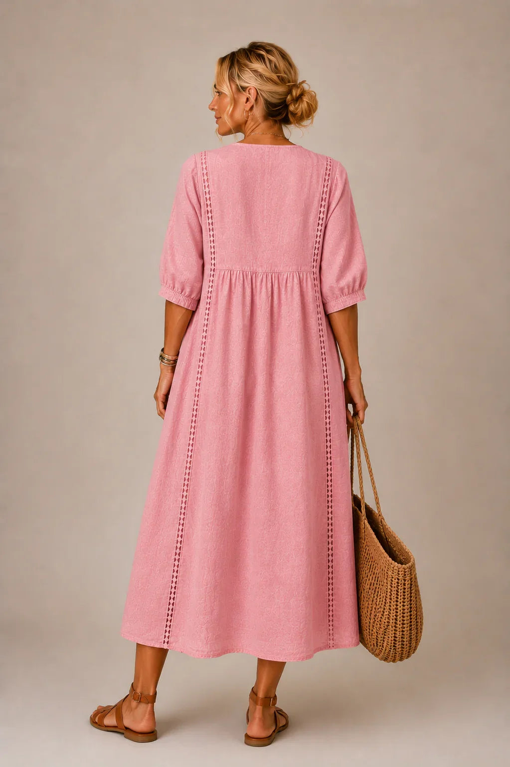 Elegant Women's Linen Blend Dress with Lace Details