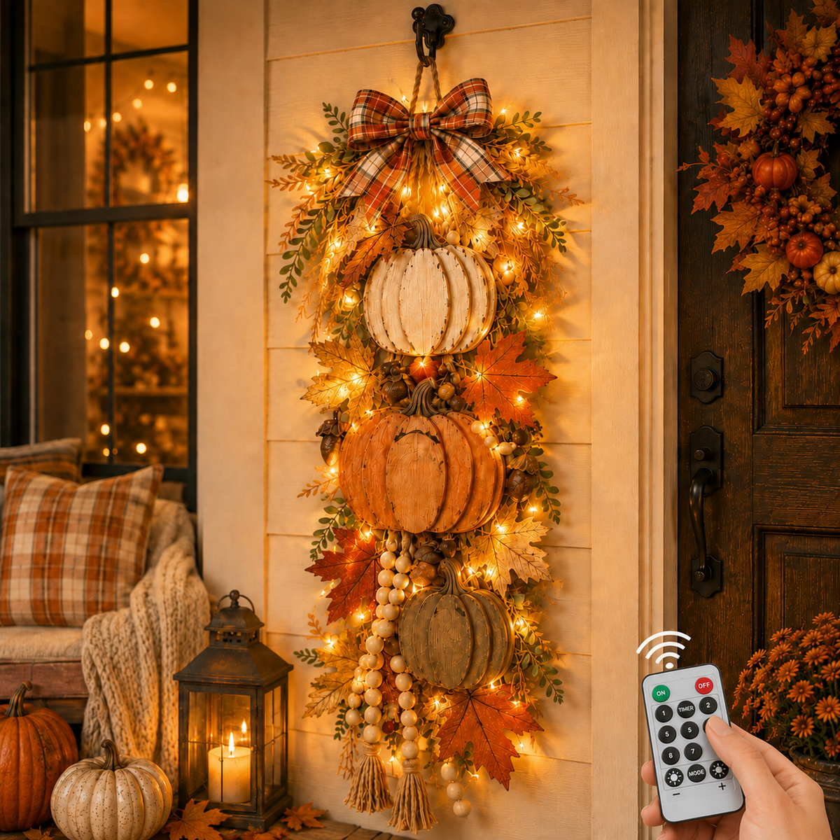 Pumpwood – dřevěná dekorace ve tvaru dýně s LED světly