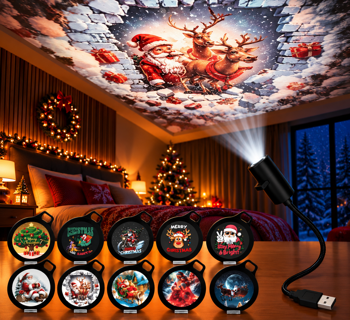 Lámpara proyectora navideña LED USB FestiveBeam con diseños festivos