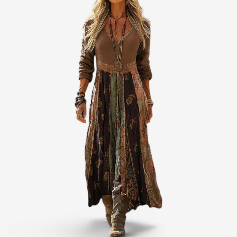 Women’s Maxi Dress with V-Neck and Patchwork Print