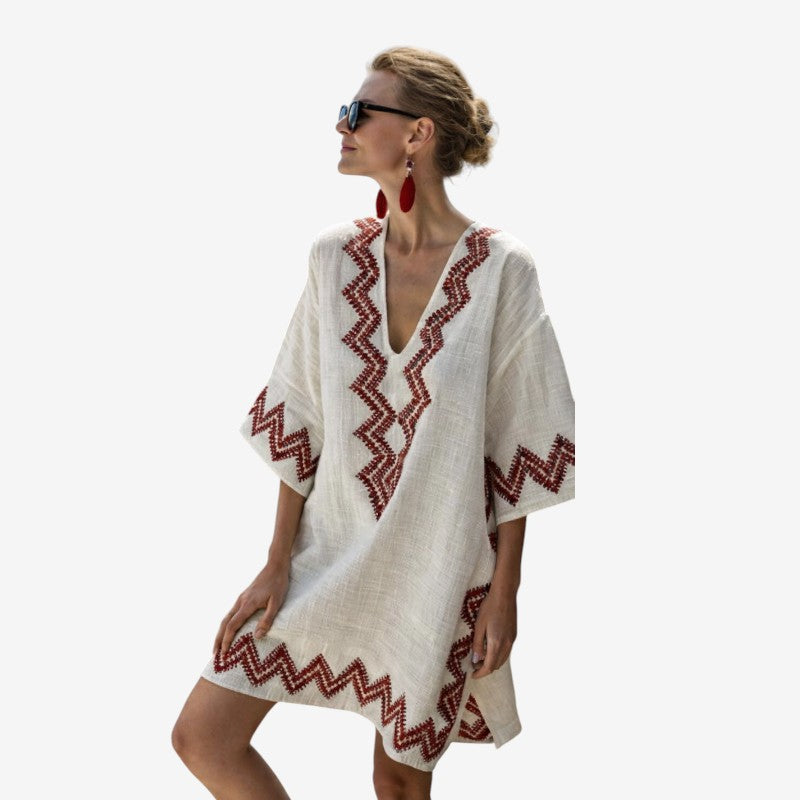 Women's Bohemian Print Midi Dress with Short Sleeves