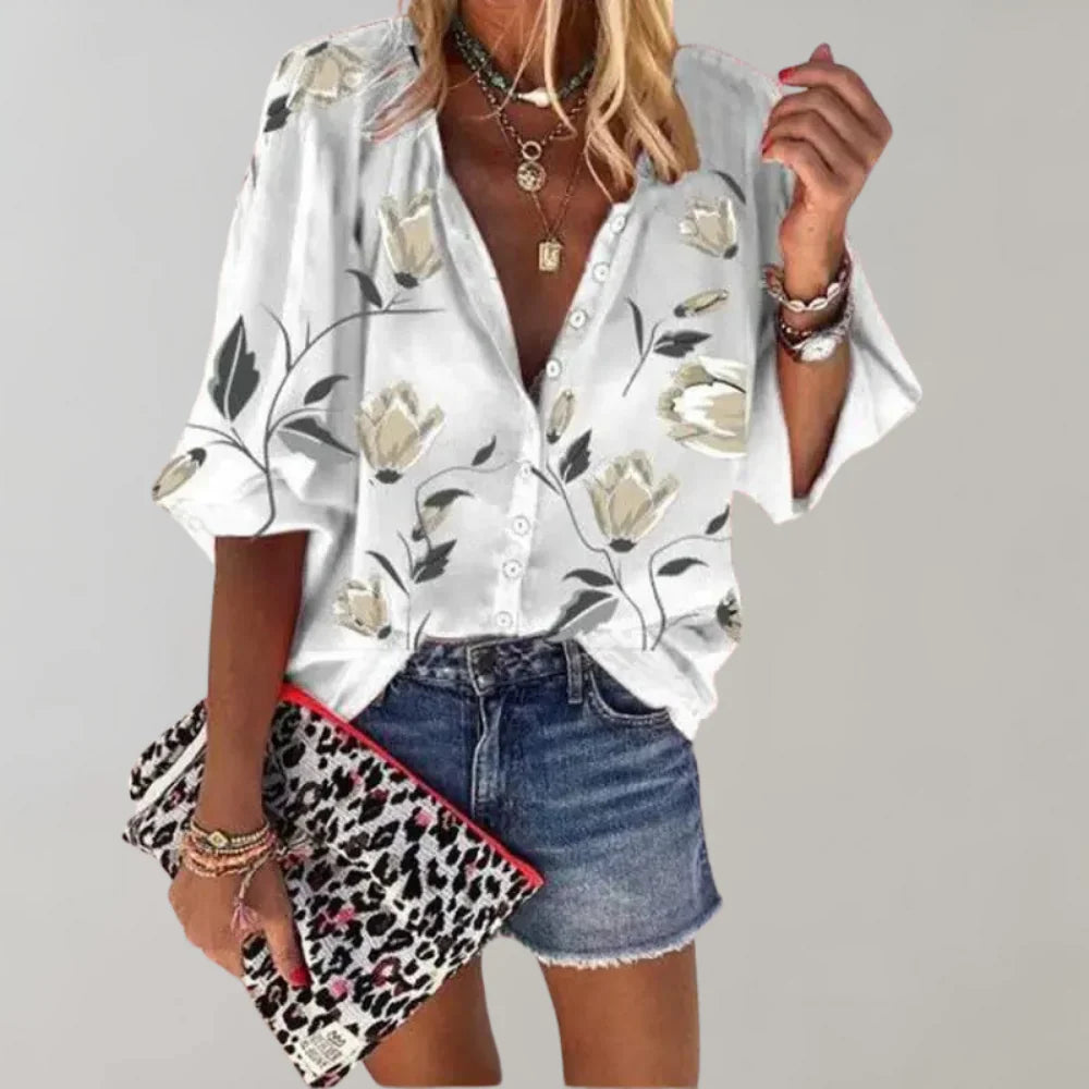 Elara - Blouse with floral print and short sleeves