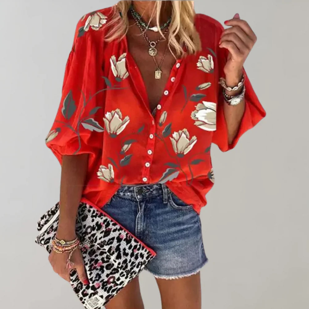 Elara - Blouse with floral print and short sleeves