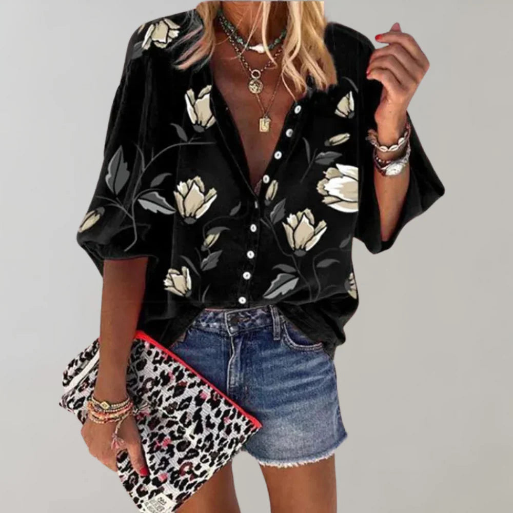 Elara - Blouse with floral print and short sleeves