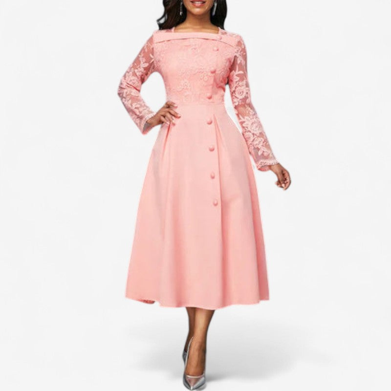 Julia – Robe midi à encolure carrée et manches longues en dentelle