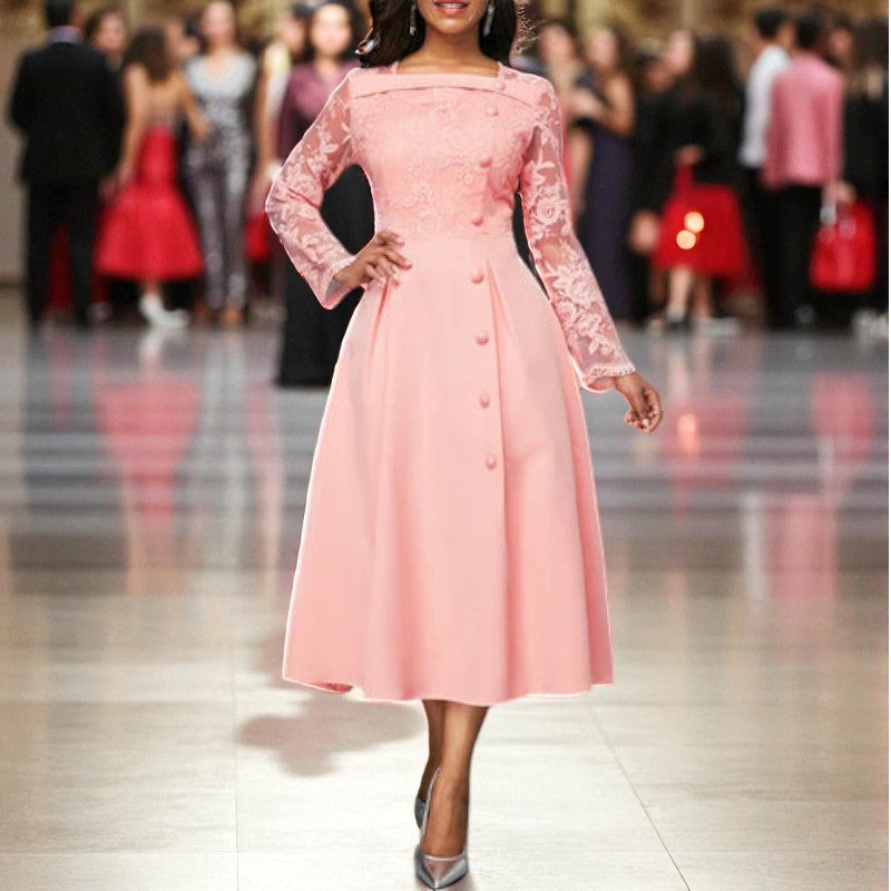 Julia – Robe midi à encolure carrée et manches longues en dentelle