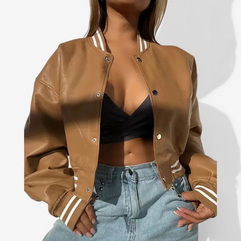 Cropped Leather Jacket Round Neck Button Closure