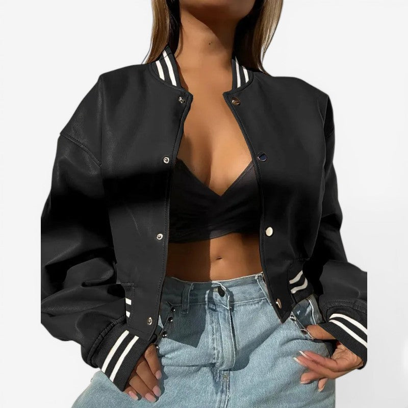 Cropped Leather Jacket Round Neck Button Closure