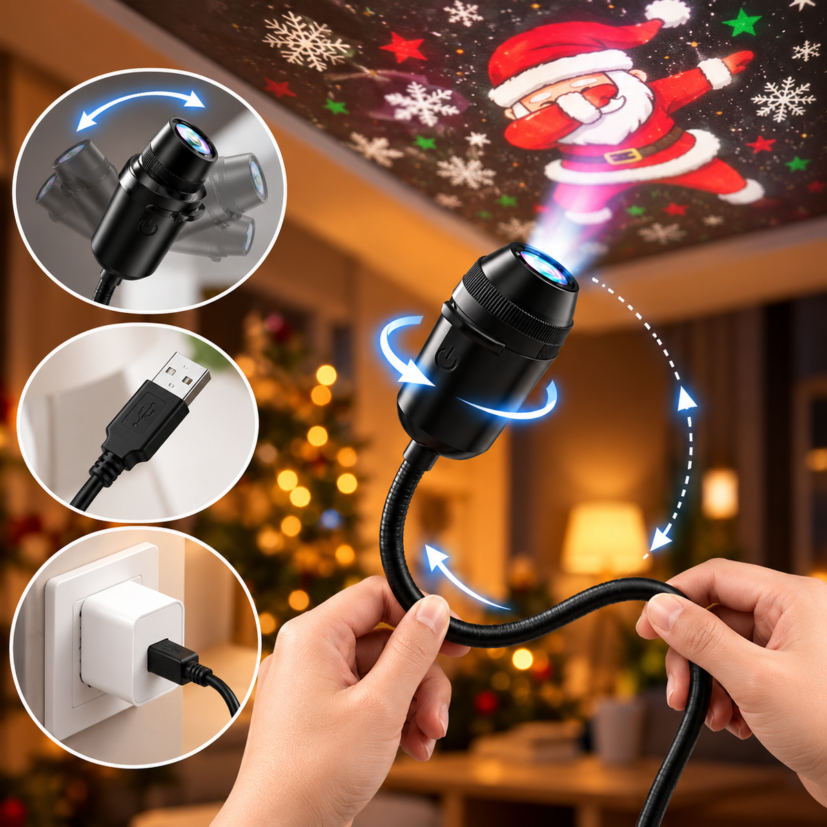 Lámpara proyectora navideña LED USB FestiveBeam con diseños festivos