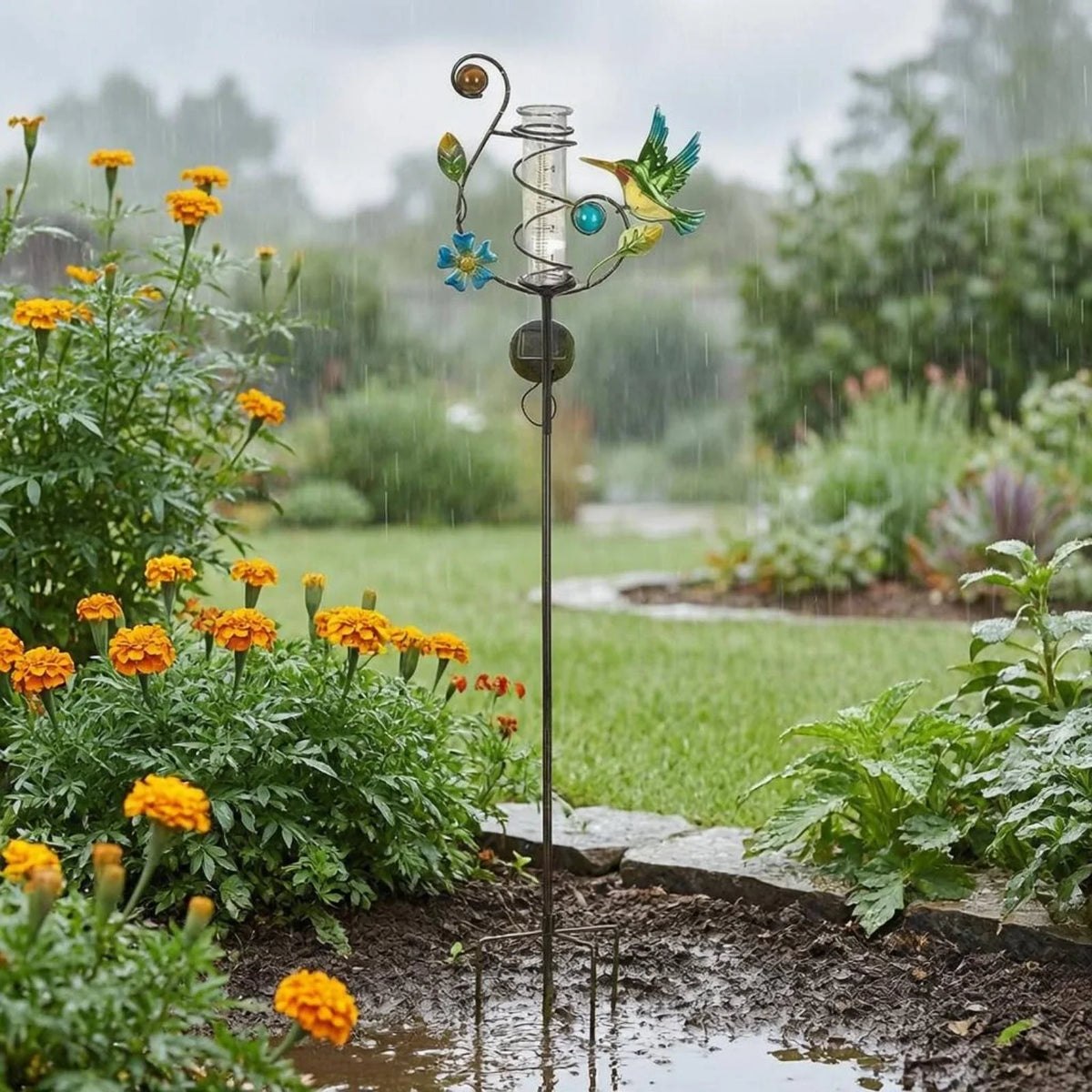 Pluviomètre Rainwhirl de jardin avec piquet et structure spiralée solaire