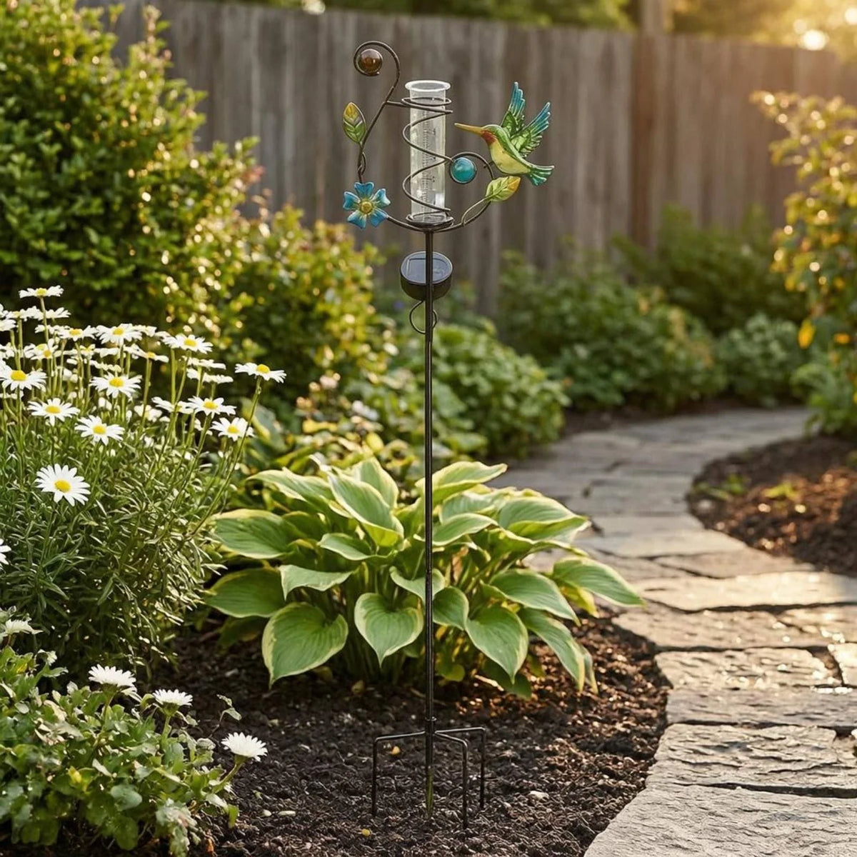 Pluviomètre Rainwhirl de jardin avec piquet et structure spiralée solaire