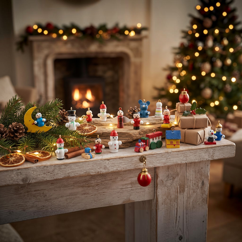 PineCharm – Calendar de Advent din lemn în formă de brad de Crăciun, cu 24 de ornamente