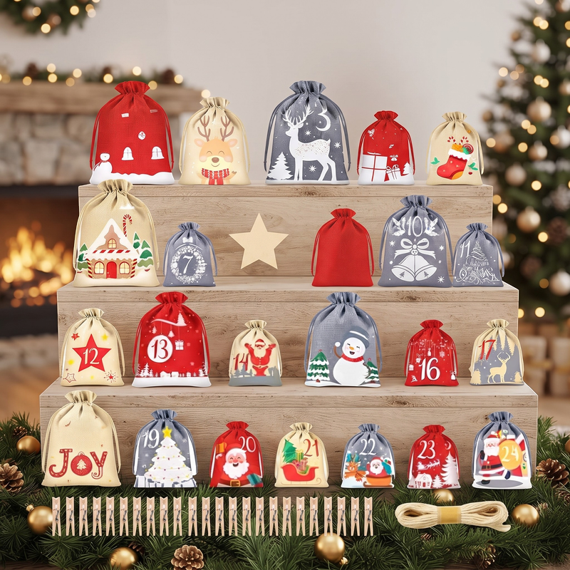 JinglePouch – Calendar de Advent reutilizabil din material textil, cu 24 de săculeți numerotați