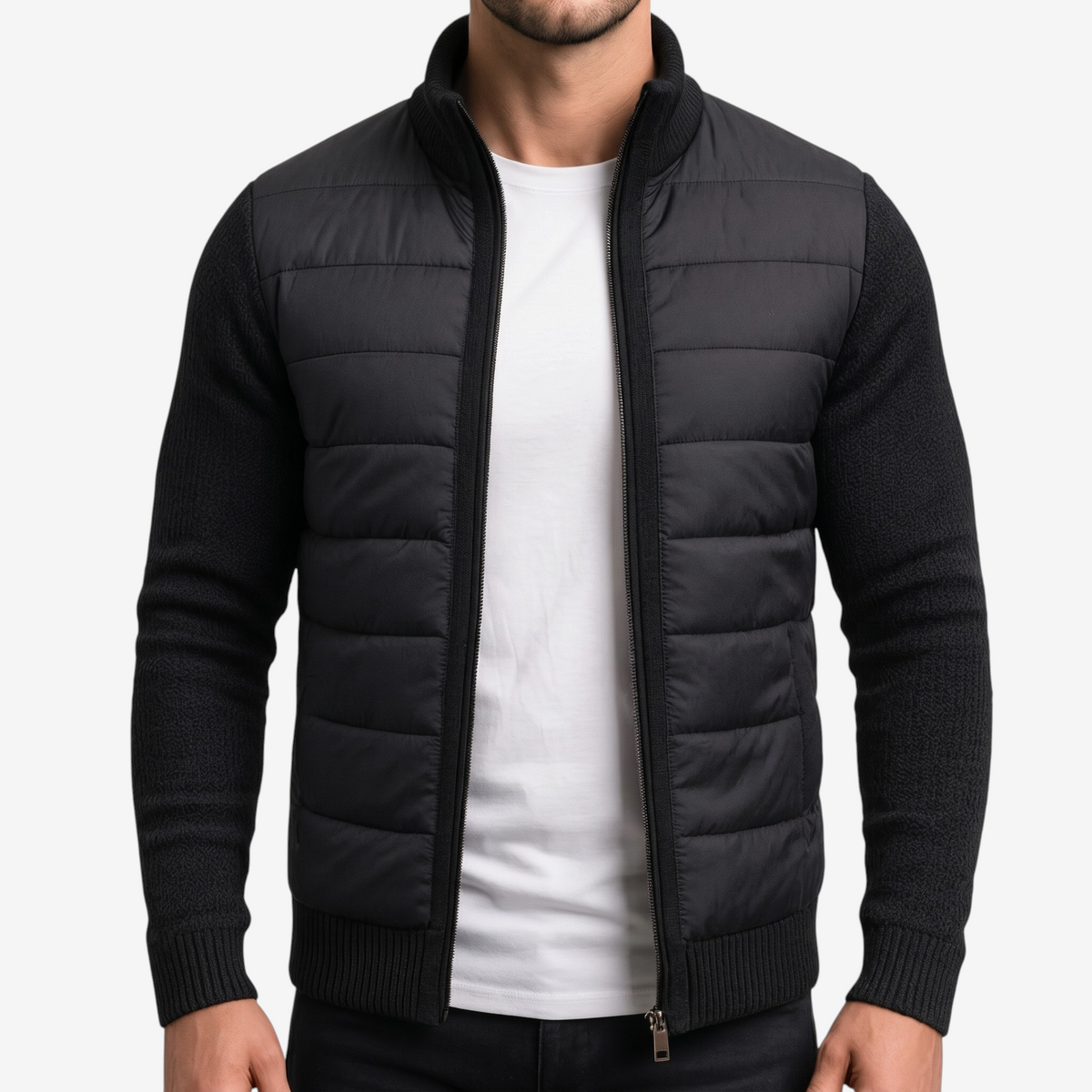 QuiltWeave – Gilet matelassé avec manches en maille et col montant