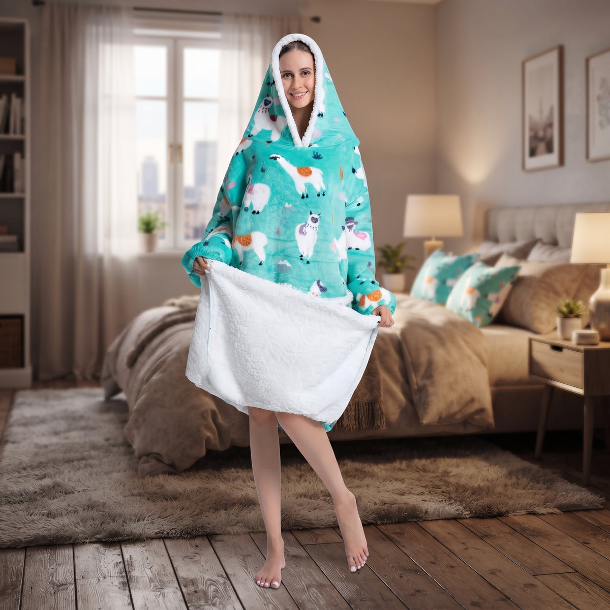 MaxiHood - Coperta felpata con cappuccio extra lunga con stampa di alpaca