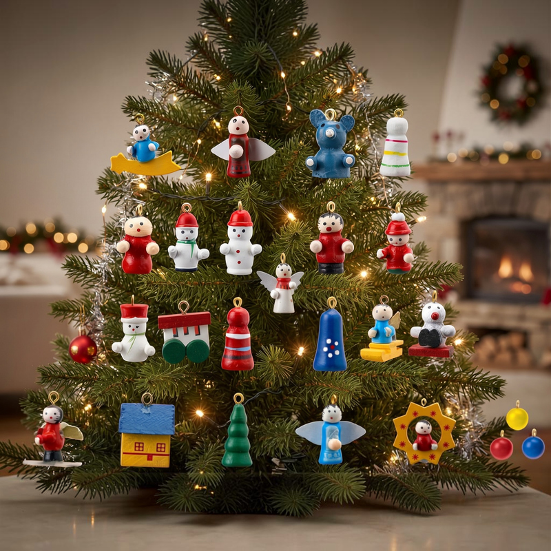 PineCharm – Calendar de Advent din lemn în formă de brad de Crăciun, cu 24 de ornamente