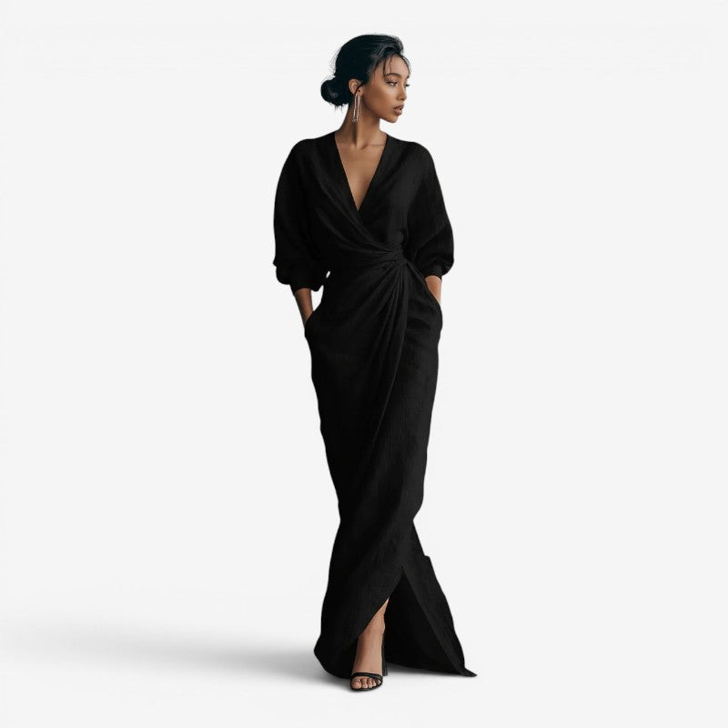 Robe longue pour femme à col en V avec taille drapée