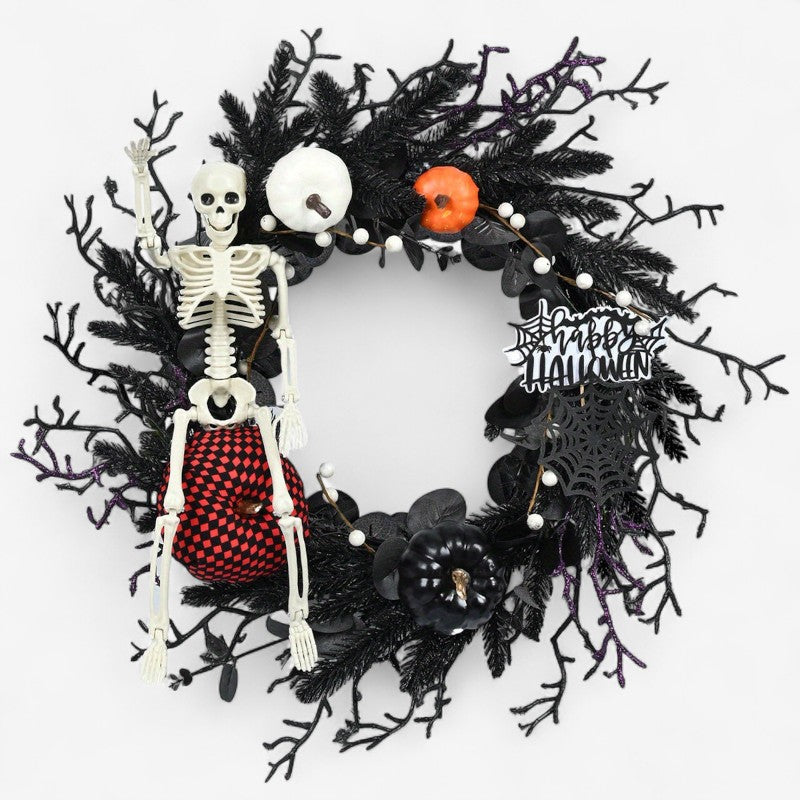 Halloween Wreath with Skeleton and Pumpkin Decor