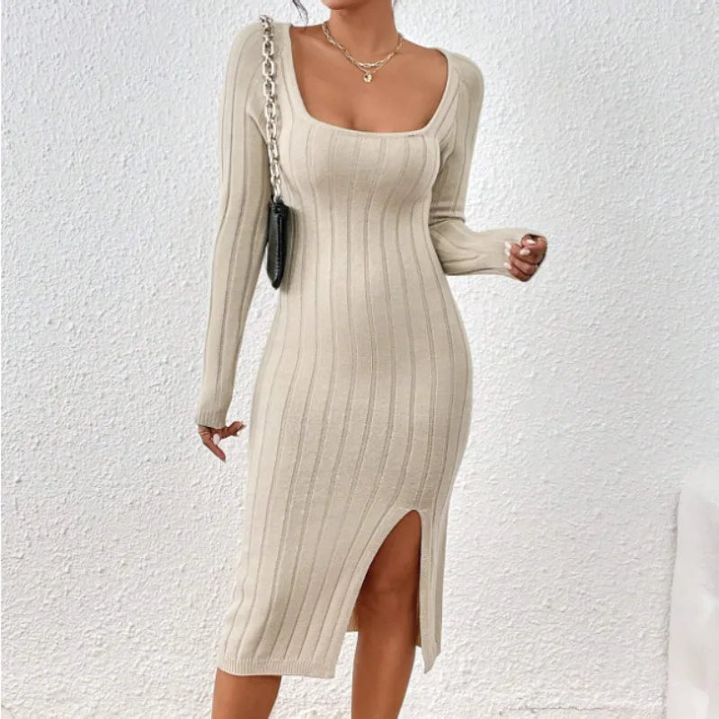 Lena - Elegantní midi šaty se čtvercovým výstřihem a módním rozparkem