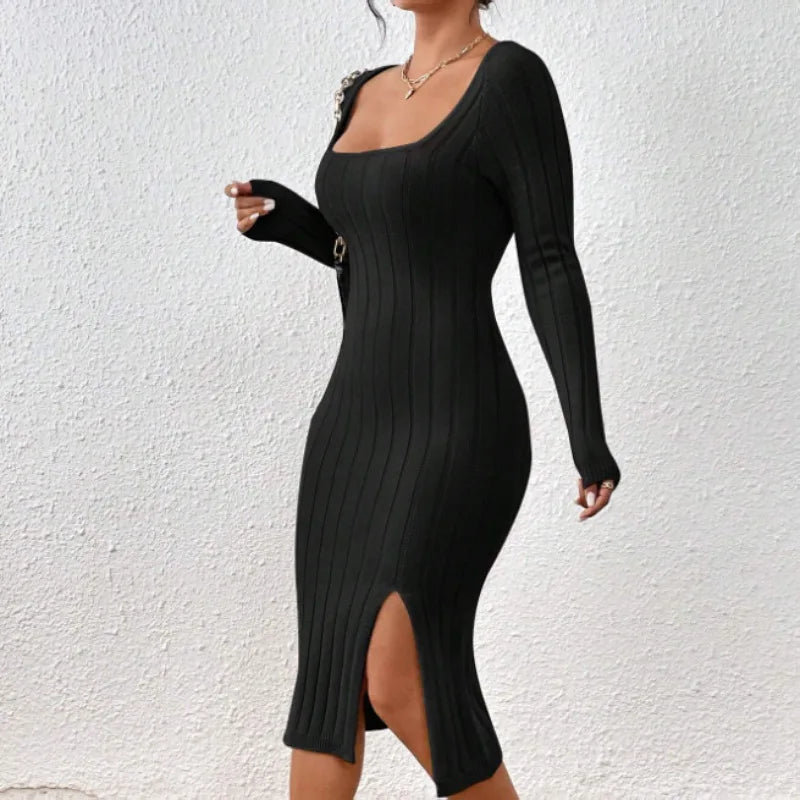 Lena - Elegantní midi šaty se čtvercovým výstřihem a módním rozparkem